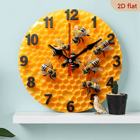 2D Flat 1pc 10Inch Wooden Honeycomb Bee Theme Design, Novelty Art Wall Clock, Simple Creative Fashion Wall Clock, Creative Clock, Silent Round Clock, Suitable for Bedroom Living Room Office Kitche