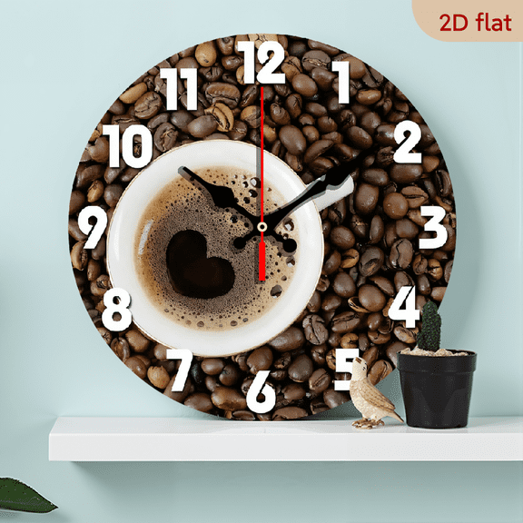 2D Flat 1pc 10Inch Wooden I Love Coffee Clock Unique Clock Large Wall Clock Decorative Round Wall Clock Home Decor Coffee Beans in Heart Shape