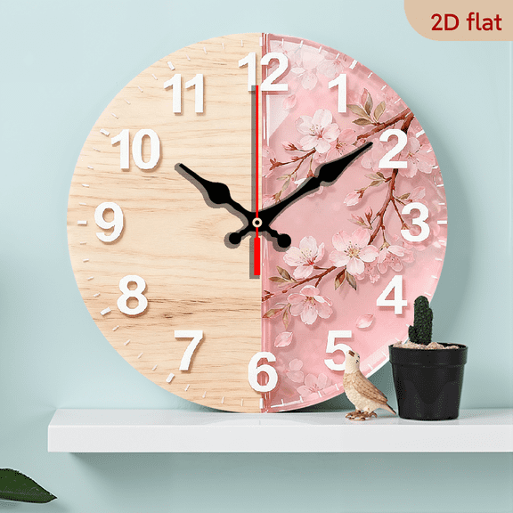 2D Flat 1pc 10Inch Wooden Japanese Cherry Blossom Wall Clock - Movement with Pink Beige, Large Analog, Auto-Retractable Hands, Artificial Wood Round Clock for, Office - Japanese-Themed Decorative