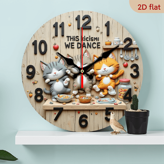 2D Flat 1pc 10Inch Wooden Kitchen Cat Clock - Round Wooden Wall Clock with Silent Mechanism, Battery Powered (AA), Ideal for Home, Office, Bedroom Decor Playful Cat Design with Food Bowls Kitc