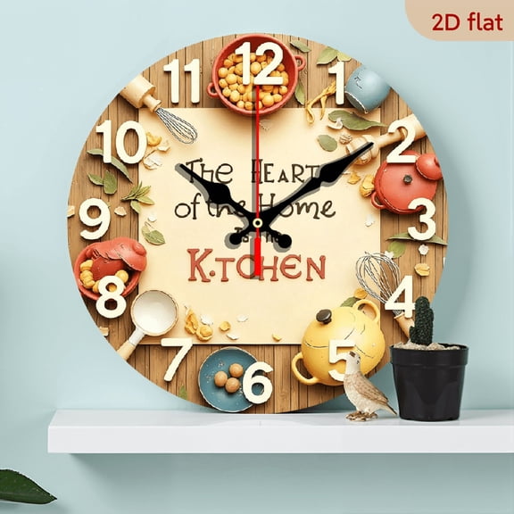 2D Flat 1pc 10Inch Wooden Kitchen Clock, Round Silent Wall Clock - The Heart of the Home is the Kitchen Design with Colorful Utensils and Food Patterns - Perfect Gift for Home, Office, Bedro