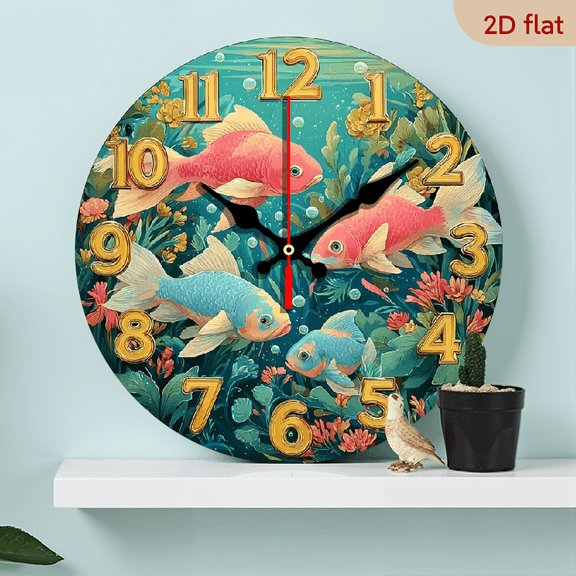 2D Flat 1pc 10Inch Wooden Koi Fish Wall Clock - Silent Non-Ticking Round Wooden Face with Koi Swimming Design, Koi Fish Scale Pattern, Modern Minimalist for home Decor, ChristmasThanksgiving