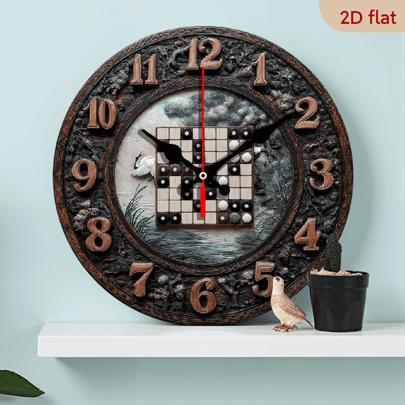 2D Flat 1pc 10Inch Wooden Korean ChessGo Board Game Inspired Crane Reeds Wall Clock - 10Inch Artificial Wood Silent Movement, BlackWhiteGray Korean-Style Hands, Chinese Strategy Game Theme Decor
