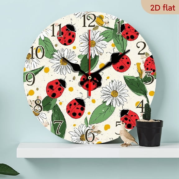 2D Flat 1pc 10Inch Wooden Ladybug Daisy and Leaves Wall Clock Silent Non Ticking Modern Art Round Wall Clock Hanging Battery Operated Clock for Kitchen Living Room Bedroom Decor.