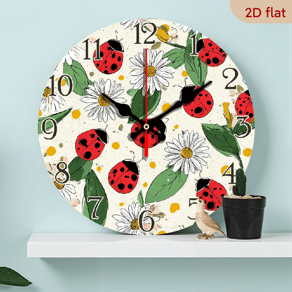 2D Flat 1pc 10Inch Wooden Ladybug Daisy and Leaves Wall Clock Silent Non Ticking Modern Art Round Wall Clock Hanging Battery Operated Clock for Kitchen Living Room Bedroom Decor