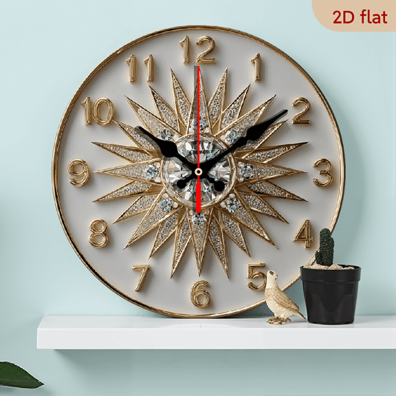 2D Flat 1pc 10Inch Wooden Large Modern Diamond Design Sun Wall Clock - 10 Inch Large Face with Golden Hands Numbers, Hands, Battery-Powered (AA Not Included), Swiss Movement - Quiet Operation For