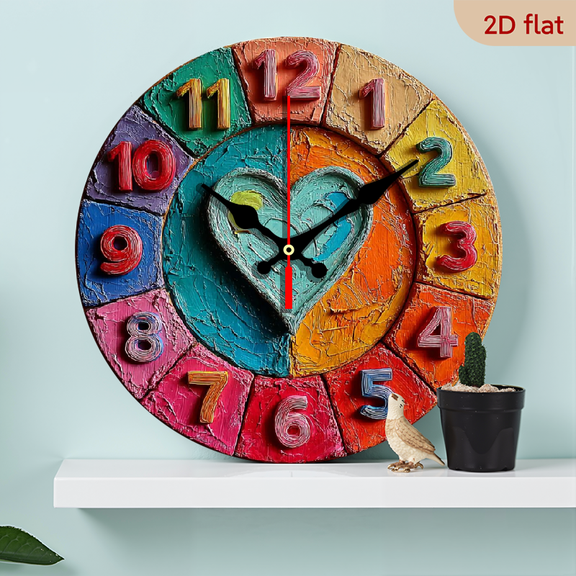 2D Flat 1pc 10Inch Wooden Large Modern Round Wall Clock with Heart-Shaped Face - Colorful Multicolor Dial, Non-Ticking Silent Movement, Durable Wooden Construction, Battery-powered (aa Not Included)