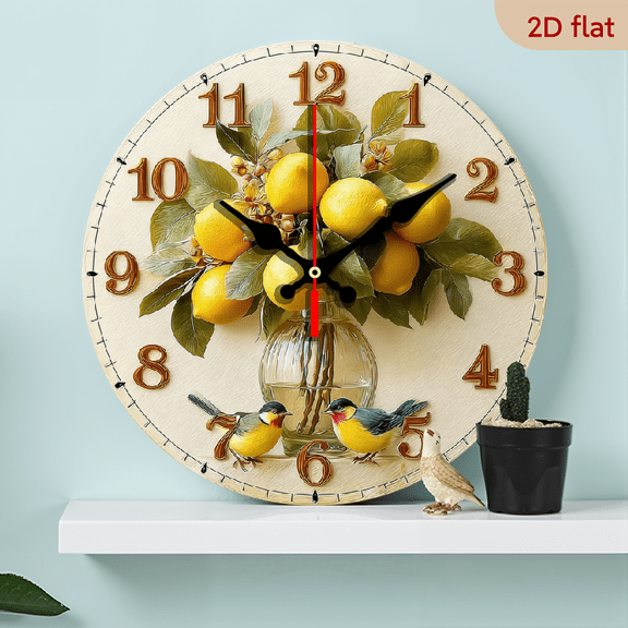 2D Flat 1pc 10Inch Wooden Lemon Bird Wall Clock - Silent Non-Ticking Modern Farmhouse Decor with Lemon Branch Birds Design, Beige Round Clock for Living Room, Bedroom, Kitchen, Office