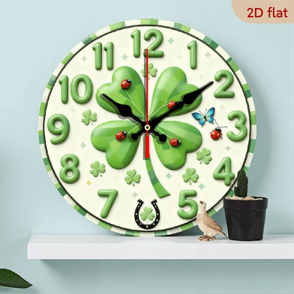 10Inch Wooden Lucky Four-Leaf Clover Wall Clock - Irish Good Luck Decor with Green Clover Leaves, Easy-to-Read Numbers, Battery-Powered (AA Not Included) - Wooden Frame Clock for Living Ro