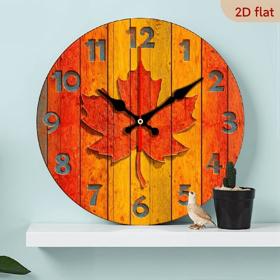 2D Flat 1pc 10Inch Wooden Maple Leaf Wall Clock - Large 10Inch Round Silent Movement with Canadian Maple Leaf Hands RedOrangeYellow Beige Face, Artificial Wood Frame for, Office, Room