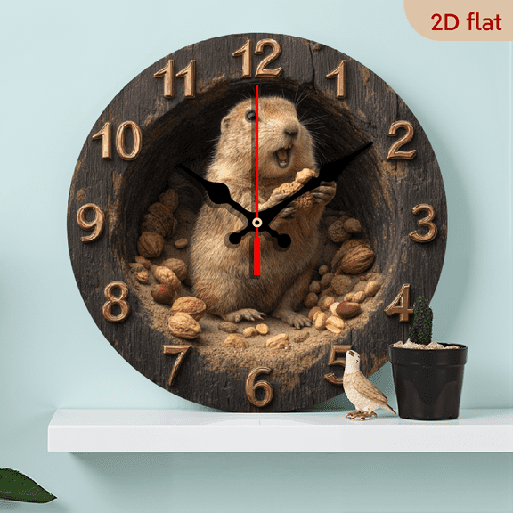 2D Flat 1pc 10Inch Wooden Marmot Hazelnut Wall Clock - Silent Non-Ticking Battery-Powered Round Clock with Cute Marmot Hands, Large BlackGolden Numbers, Artificial Wood Frame Room,, Living Room