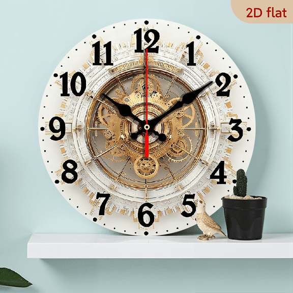 2D Flat 1pc 10Inch Wooden Mechanical Style Art Deco Large Round Wall Clock - Silent Quartz Movement, Golden-Toned Beige Brown Luxury Design, 20cm Wood Frame, Minimalist Modern Decor for Living Room