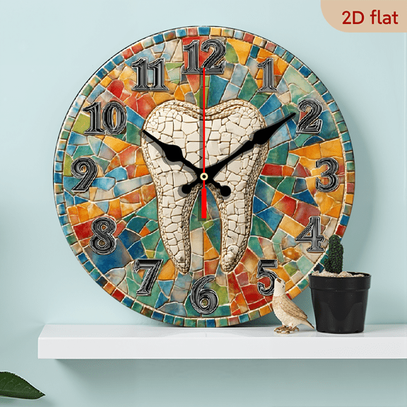 2D Flat 1pc 10Inch Wooden Modern Dental-Themed Wall Clock - Silent Non-Ticking Movement, 10Inch Round Wooden Frame with Tooth Mosaic Design, Brown, Green, Orange, - Ideal For Bedroom, Living Room