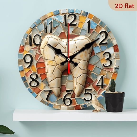 2D Flat 1pc 10Inch Wooden Modern Dental-Themed Wall Clock - Silent Non-Ticking Movement, 10Inch Round Wooden Frame with Tooth Mosaic Design, Brown, Green, Orange, - Ideal For Bedroom, Living Room