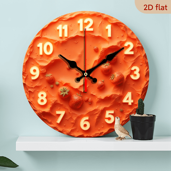 2D Flat 1pc 10Inch Wooden Modern Farmhouse Wall Clock with Strawberry Number 12 Design - Vibrant Orange Red Round Face, Hands Numbering - Battery-Powered (AA Not, Included) - Kitchen, Living Room
