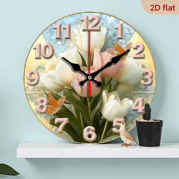 2D Flat 1pc 10Inch Wooden Modern Floral Wall Clock - Pastel Pink Green Tulip design, Silent Quartz Movement, Battery-Powered (AA Not Included) - Minimalist Home, Living Room, Bedroom, Office Decor