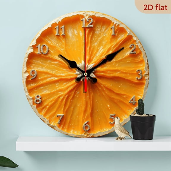 2D Flat 1pc 10Inch Wooden Modern Fruit-Themed Wooden Wall Clock with OrangePomegranateCantaloupePeach Slice Design - Large Easy-to-Read Black Hands Golden Numbers, Wood Face Golden Frame