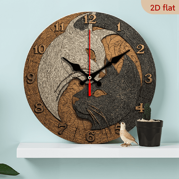 2D Flat 1pc 10Inch Wooden Modern Minimalist Wood Grain Cat Silhouette Wall Clock - Silent Non-Ticking Movement, 10 Inch Round Modern Home Decor with Hands Face, Battery-powered (aa Not Included)