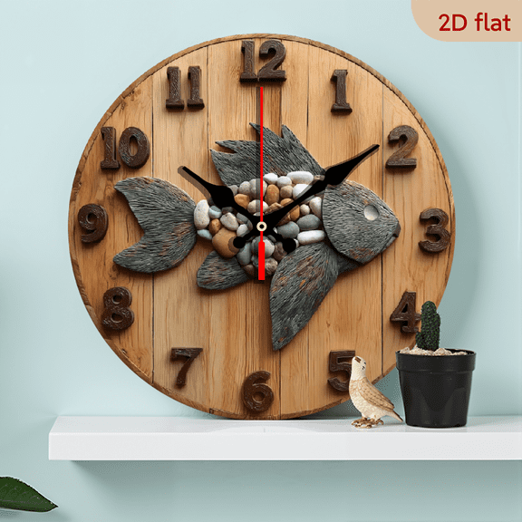 2D Flat 1pc 10Inch Wooden Modern Silent Non-Ticking Fish Wall Clock with Golden Hands Black Numerals - Golden-Tone Beige Face, Large Easy-to-Read Numbers, Minimalist Fish Design for HomeOffice Decor