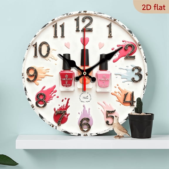 2D Flat 1pc 10Inch Wooden Nail Polish Color-Changing Wall Clock - Silent Sweep Movement with Numbered (1-12) Polish -Inspired Hands - Pink, Orange, Red, Purple, Blue, White, Beige, Golden