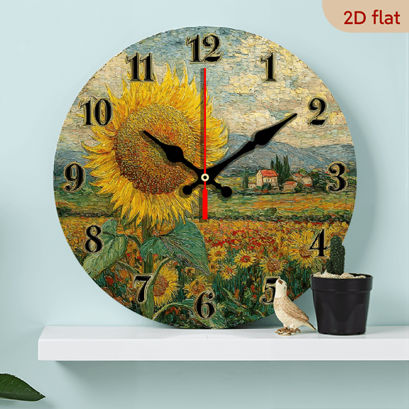 2D Flat 1pc 10Inch Wooden Nature Sunflower Field Clocks, Round Non Ticking Wall Clock Farmhouse, Office, Living Room Wall Decor, Ideal Mother's Day, Easter, Birthdays Gifts AA Battery Powered