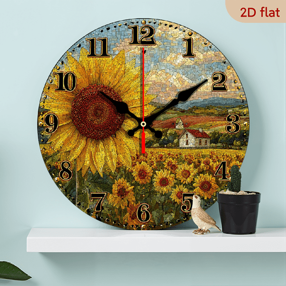2D Flat 1pc 10Inch Wooden Nature Sunflower Field Clocks, Round Non Ticking Wall Clock Farmhouse, Office, Living Room Wall Decor, Ideal Mother's Day, Easter, Birthdays Gifts AA Battery Powered