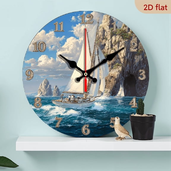 2D Flat 1pc 10Inch Wooden Nautical Sailboat Wall Clock - Silent Non-Ticking Marine Decor with Ocean Waves Design, Large Brown Numerals - Battery-Powered (AA Not Included) - Wooden Round Clock