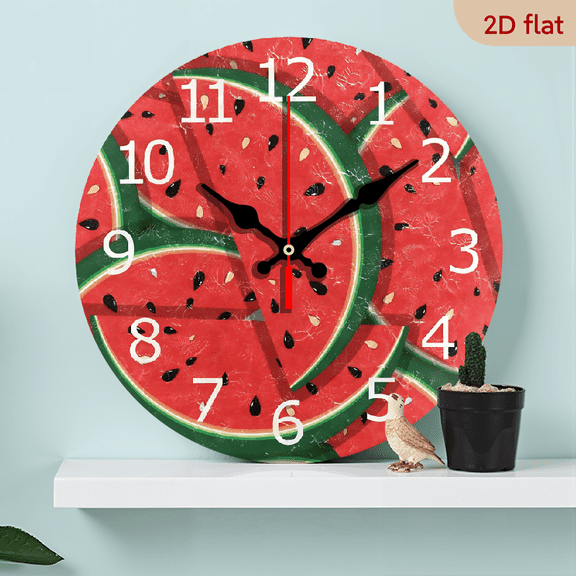 2D Flat 1pc 10Inch Wooden Non-Ticking Silent Round Wall Clock, Fresh Slices of Red Watermelon Decor Clock for Home School Kitchen Bedroom Living Room