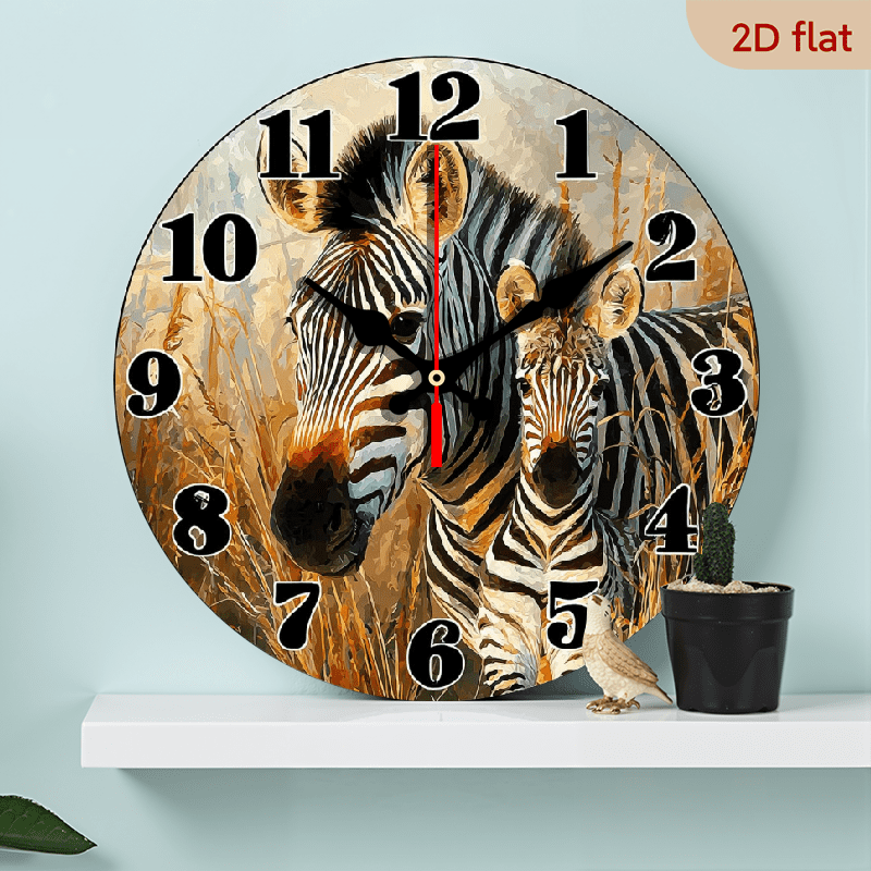 Zebra Clock 2D Flat 1pc 10Inch Wooden Non-Ticking Silent Wall Clock with Zebra ...