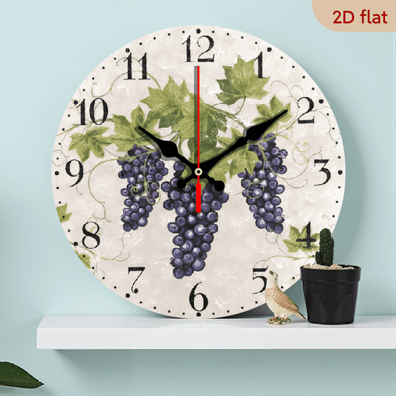 2D Flat 1pc 10Inch Wooden Non Ticking Wall Clock Silent Clock, Vintage Home Decor for Living Room Kitchen Bedroom, Fruits Grape