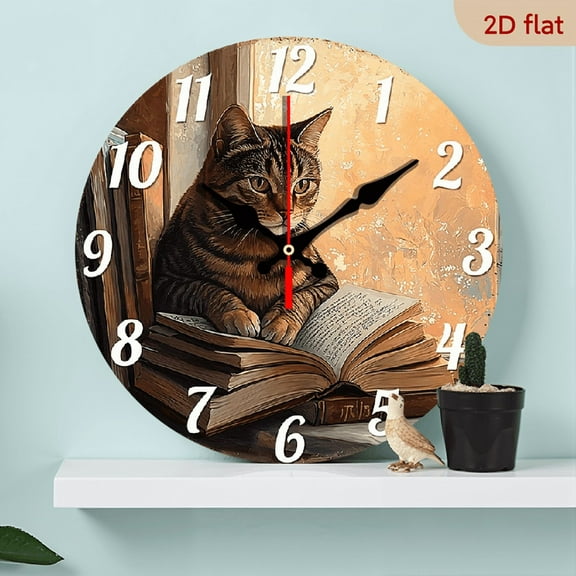 2D Flat 1pc 10Inch Wooden Non-Ticking Wall Clock with Whimsical Tabby Cat Reading Books Design Circular Battery Operated (AA Not Included) for Living Room, Bedroom, Kitchen, Office Decor