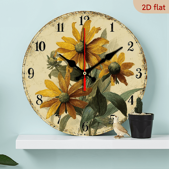 2D Flat 1pc 10Inch Wooden Non-Ticking Wooden Wall Clock - Rustic Sunflower Floral Design, Circular Battery Operated (AA Not Included) for Living Room, Bedroom, Kitchen, Office - 25cm