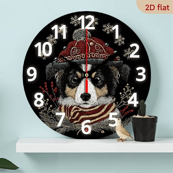 2D Flat 1pc 10Inch Wooden Nursery Hallway Wall Clock - Scottish Terrier Dog Winter Design with Snowflakes Holly - Large Round Wood Clock for Room, Quartz Movement, Christmas