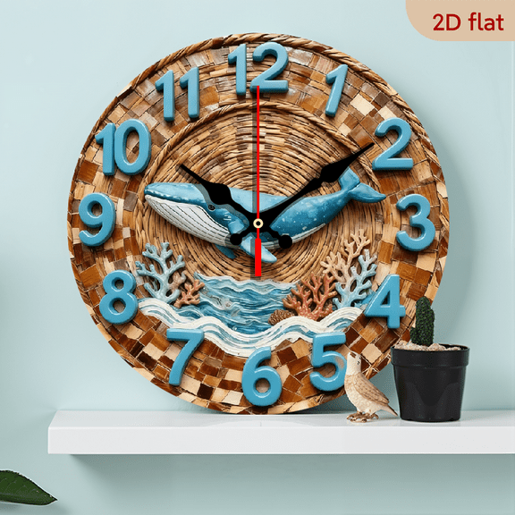 2D Flat 1pc 10Inch Wooden Ocean Whale Wall Clock - Silent Swiss Movement, Large Blue Whale Coral Reef Marine Theme, 10 Inch Round Room Decor, Nautical Bedside Clock (Battery Not Included)