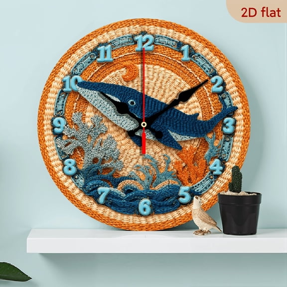2D Flat 1pc 10Inch Wooden Ocean Whale Wall Clock - Silent Swiss Movement, Large Blue Whale Coral Reef Marine Theme, 10 Inch Round Room Decor, Nautical Bedside Clock (Battery Not Included)