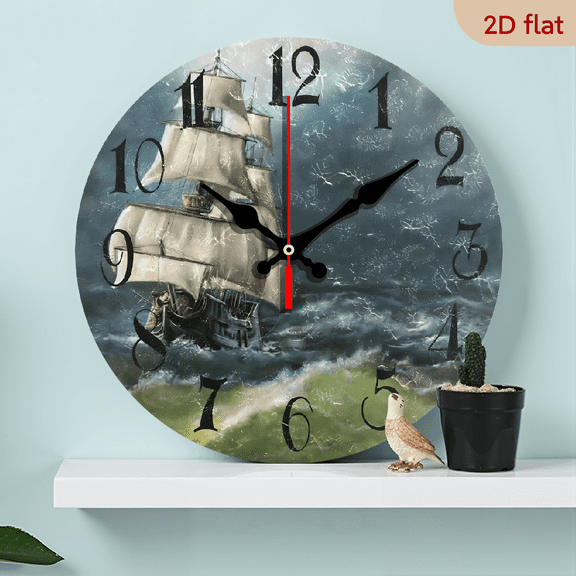 2D Flat 1pc 10Inch Wooden Old Ship in The Sea Vintage Round Wall Clock Non Ticking Silent Battery Operated Decorative Clock for Living Room Home Office Decor