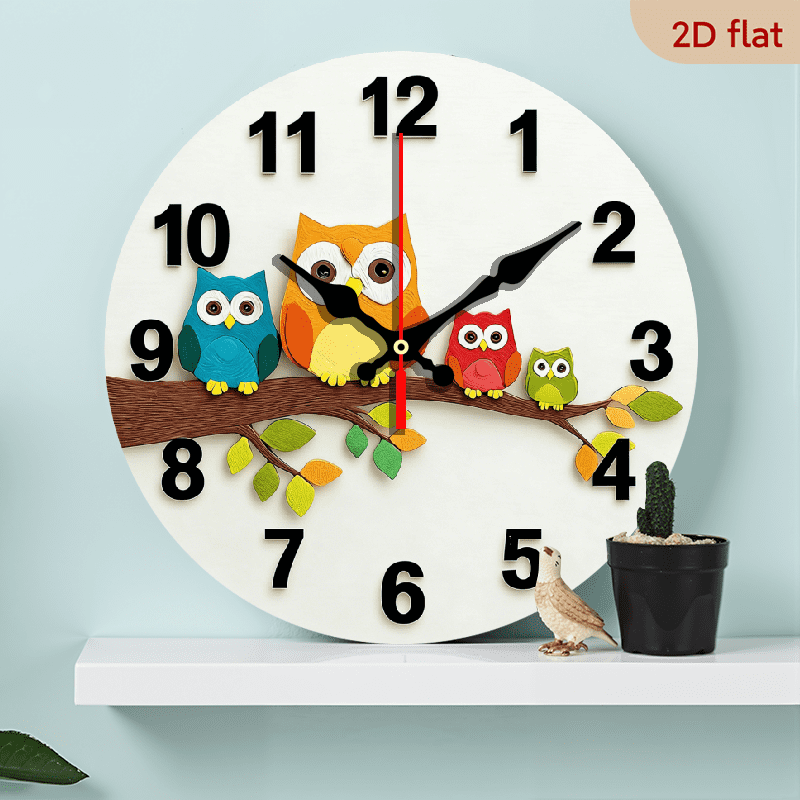 2D Flat 1pc 10Inch Wooden Owl Clock - Three Owls Perched Design ...