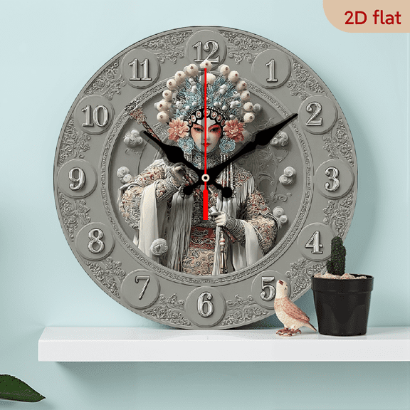 2D Flat 1pc 10Inch Wooden Peking Opera Woman Theme Wooden Round Wall Clock Farmhouse Style Home Decor for Kitchen, Bedroom, Office, Easy to Read, No Tick, 10 Inch