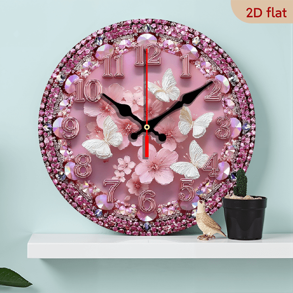 2D Flat 1pc 10Inch Wooden Pink Cherry Blossom Butterfly Dance Crystal Wall Clock - 10Inch Round Modern Minimalist Pink Design with Automatic Wind-Up Mechanism, Battery-powered (aa Not Included)
