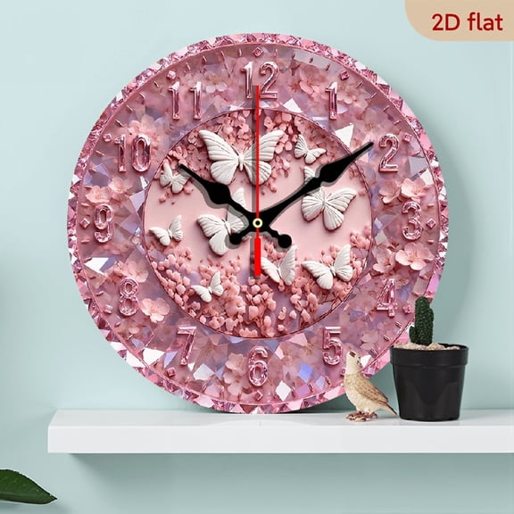 2D Flat 1pc 10Inch Wooden Pink Cherry Blossom Butterfly Dance Crystal Wall Clock - 10Inch Round Modern Minimalist Pink Design with Automatic Wind-Up Mechanism, Battery-powered (aa Not Included)