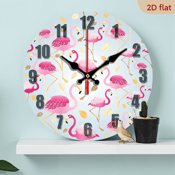 2D Flat 1pc 10Inch Wooden Pink Flamingo Clock Pink Clock Women Room Clock Large Wall Clock Home Decor Clock