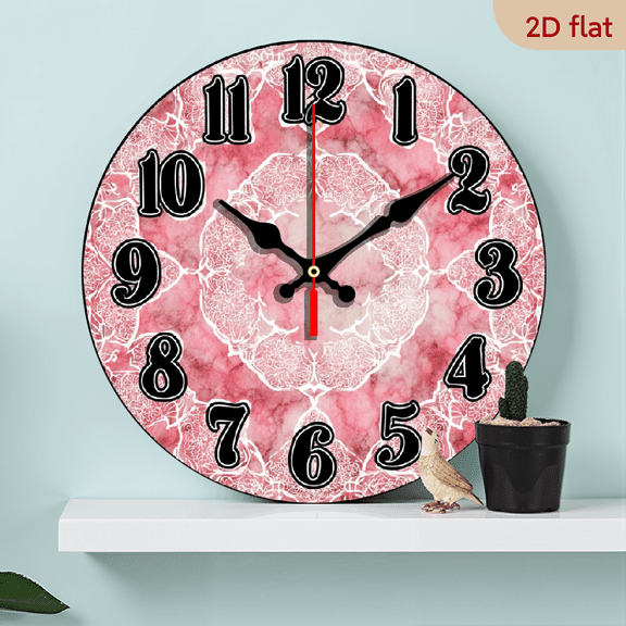 2D Flat 1pc 10Inch Wooden Pink Marble Moroccan Tiles Seamless Geometric Pattern White Lines Wall Clock, Silent Non-Ticking Easy to Read Round Decorative Wall Clock with Black