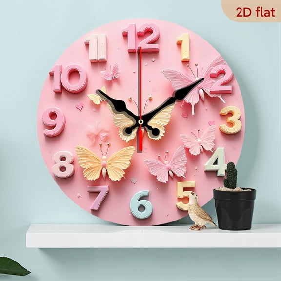 2D Flat 1pc 10Inch Wooden Pink Sakura Forest Wall Clock - Modern Silent Digital Design with Pastel Numbers, Butterflies Floral Decor, Student Learning Clock for Living Room, Bedroom, Classroom