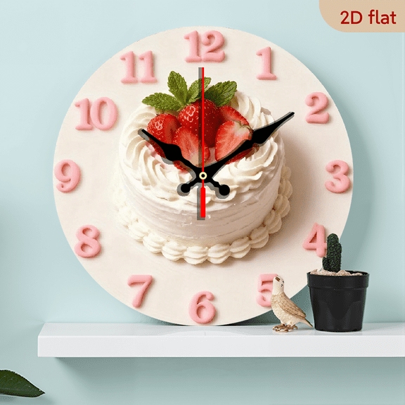 2D Flat 1pc 10Inch Wooden Pink Strawberry Cake Wall Clock - Silent Swiss Movement, 10 Inch Round Modern Farmhouse Decor with Strawberry Design, Auto-Shut Off Easy-to-Read Hands
