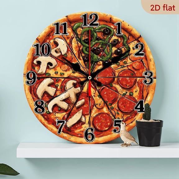 2D Flat 1pc 10Inch Wooden Pizza Pie Backdrop Clock - Wood Veneer, Round Silent Wall Clock with Colorful Pizza Design, Perfect for Study or Living Room Decor, Ideal Gift for Friends, Family