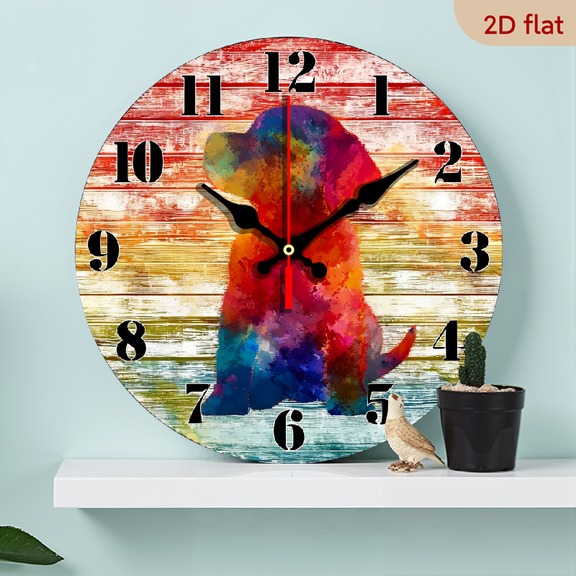 2D Flat 1pc 10Inch Wooden Pride Parade Dog Clock Watercolor Dog French Bulldog Decorative Clock French Bulldog Colorful Dog Silhouette Wooden Clocks Battery Operated Round Clock for Home