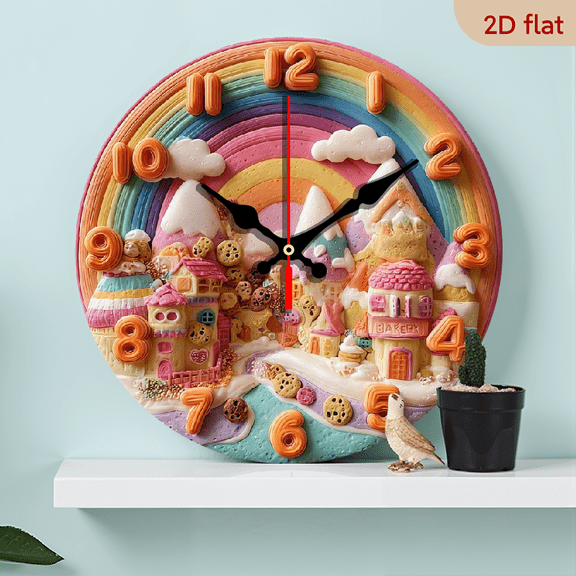 2D Flat 1pc 10Inch Wooden Rainbow Wall Clock - Silent Movement with Swiss Mechanism, Large Round Modern Room Decor, Color-Changing Numbers (PinkBlueYellowGreenOrangePurple) - Artificial Wood Batt