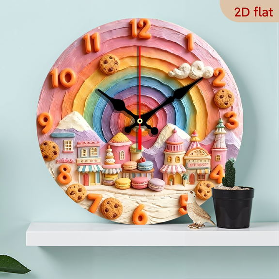2D Flat 1pc 10Inch Wooden Rainbow Wall Clock - Silent Movement with Swiss Mechanism, Large Round Modern Room Decor, Color-Changing Numbers (PinkBlueYellowGreenOrangePurple) - Artificial Wood Batt