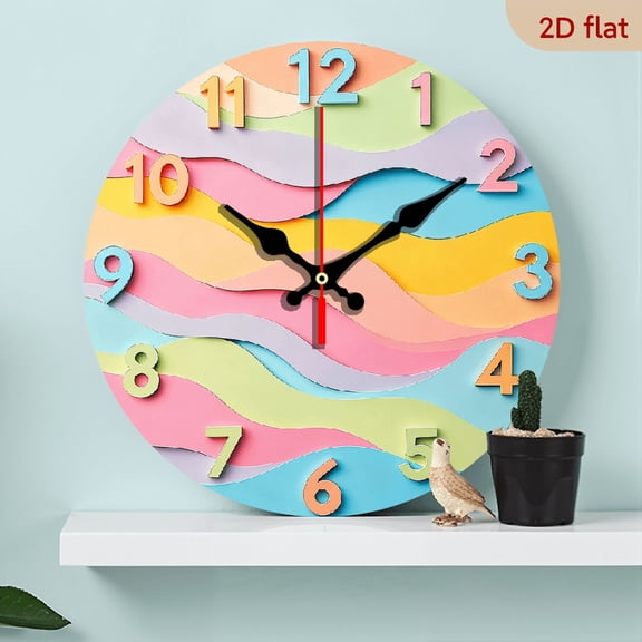 2D Flat 1pc 10Inch Wooden Rainbow Wave Modern Minimalist Wall Clock - Pastel Pink Blue Yellow Green Purple White Silent Non-Ticking Battery-Powered Round Clock for Living Room, Kitchen, Bedroom