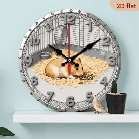 2D Flat 1pc 10Inch Wooden Rat'S Life Fun 10Inch Wooden Round Silent Non-Ticking Wall Clock with Hamster Bed Design - Battery-Powered (AA Not Included), Ideal for Bedroom Decor Gifts